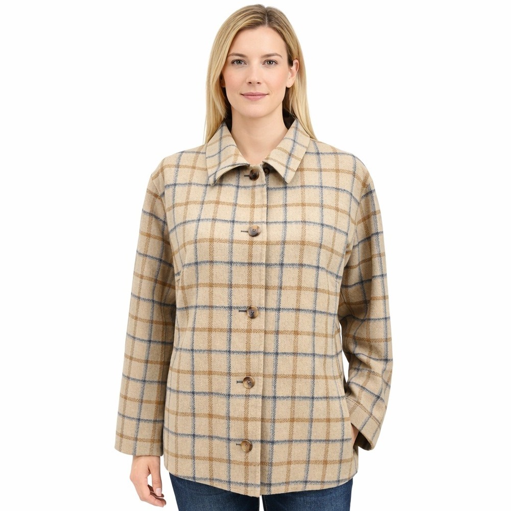 Pendleton Women's Coat Plaid Wool Blend Button Front Tan Brown Blue Classic